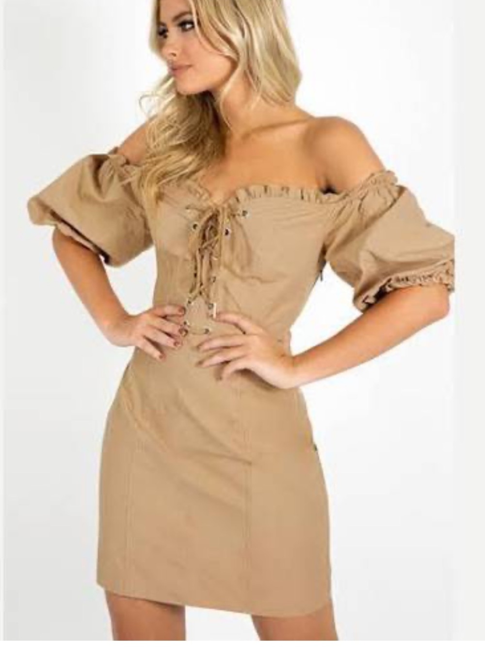 I.AM.GIA Alya Corset Mini Dress Tan Brown Off Shoulder Puff Sleeve - size small